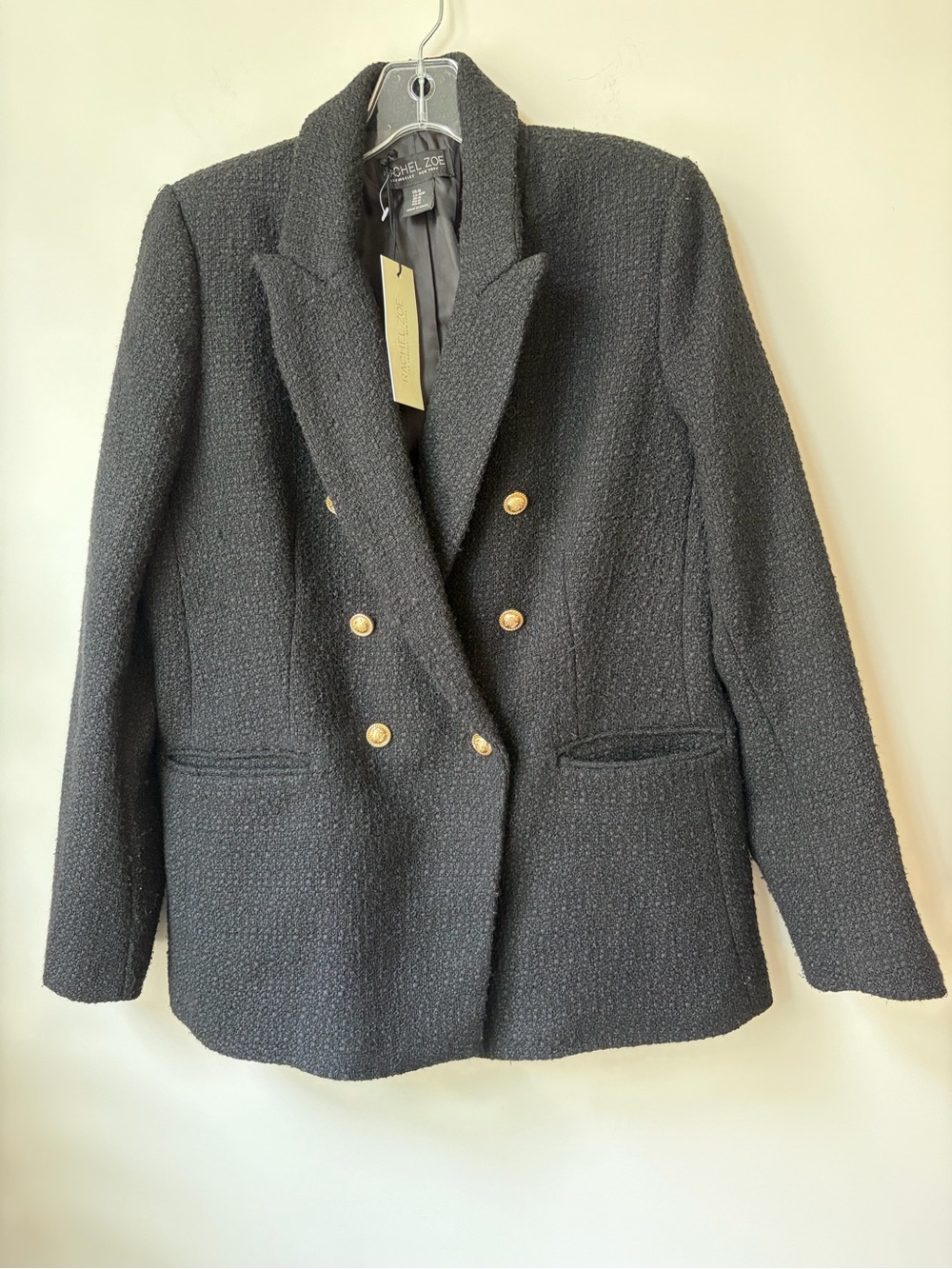 NWT Rachel Zoe Black Tweed Blazer Women Sz Medium- Double Breasted Gold Buttons